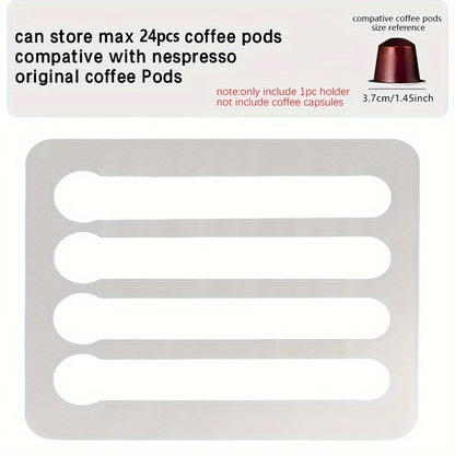 White coffee pod holder with text indicating compatibility with Nespresso coffee pods.