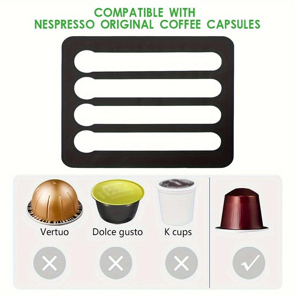 Coffee capsule compatibility chart with Nespresso, Dolce Gusto, K cups, and Vertuo on a white background.