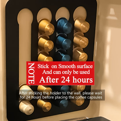 Coffee capsule holder with colorful capsules and installation instructions on a wall.
