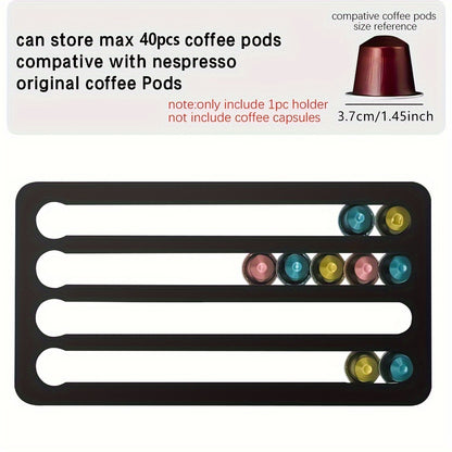 Black coffee pod holder with colorful coffee pods on a white background
