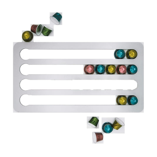 Metallic holder with colorful coffee capsules on a white background