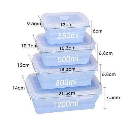 Set of four silicone containers with lids, showing measurements on a white background