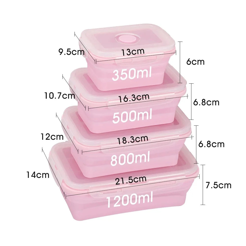 Set of pink silicone containers with measurements on a white background