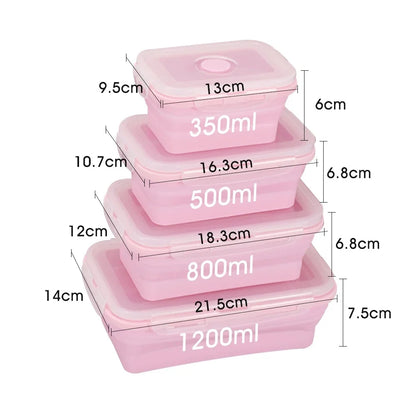 Set of pink silicone containers with measurements on a white background