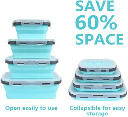 Stackable silicone containers with text highlighting space-saving and ease of use features.