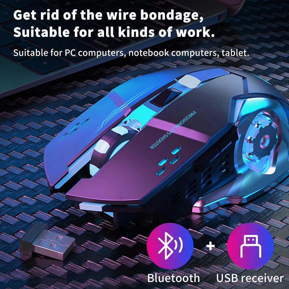 Gaming mouse with Bluetooth and USB receiver on a keyboard, suitable for PC and notebook computers.