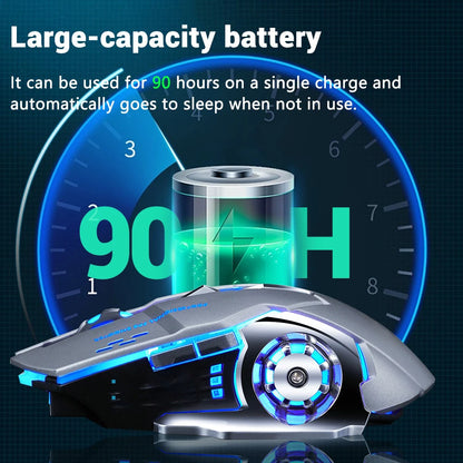 Gaming mouse with large-capacity battery display and text on a dark background