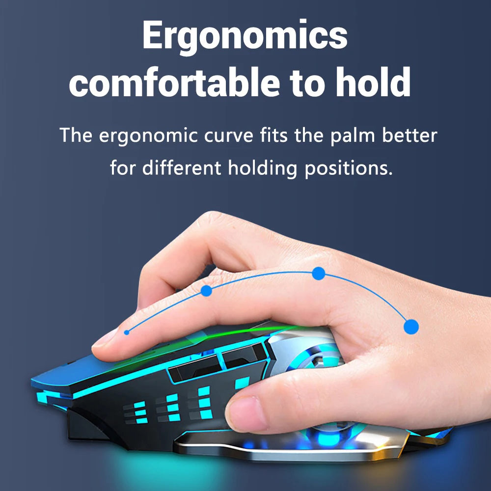 Ergonomic mouse with hand holding it, text about comfort and fit.