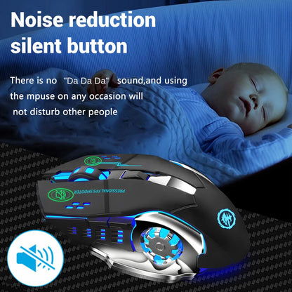 Gaming mouse with noise reduction feature displayed in front of a sleeping baby