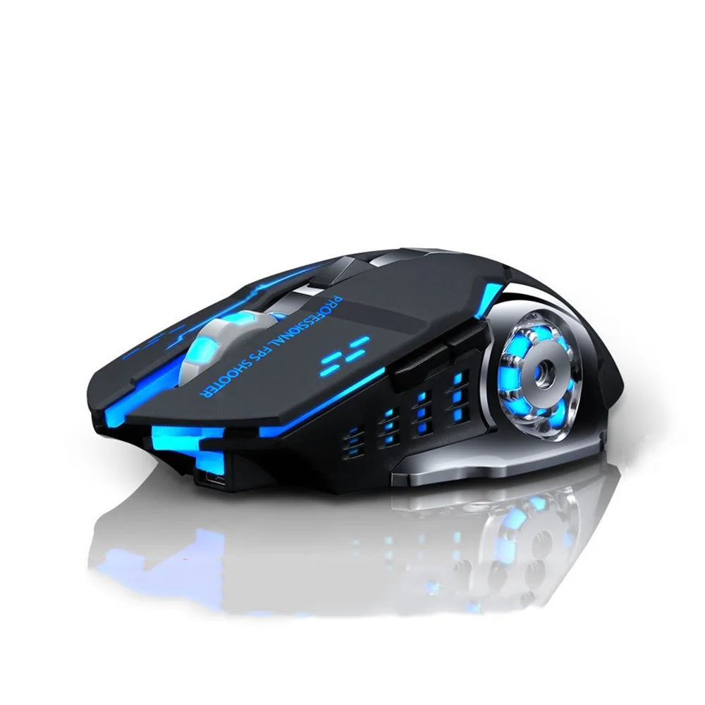 Gaming mouse with blue LED lights on a white background