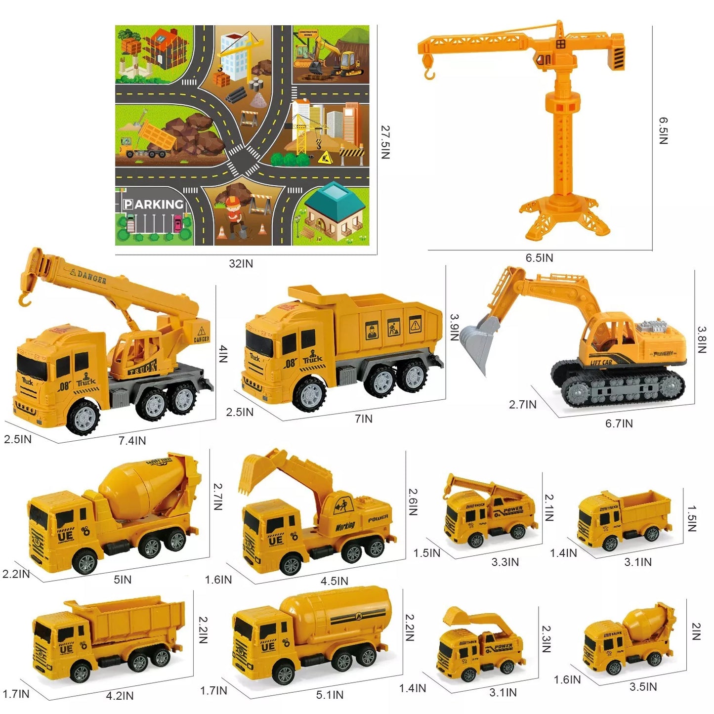 Collection of toy construction vehicles with measurements and a small road map in the corner.