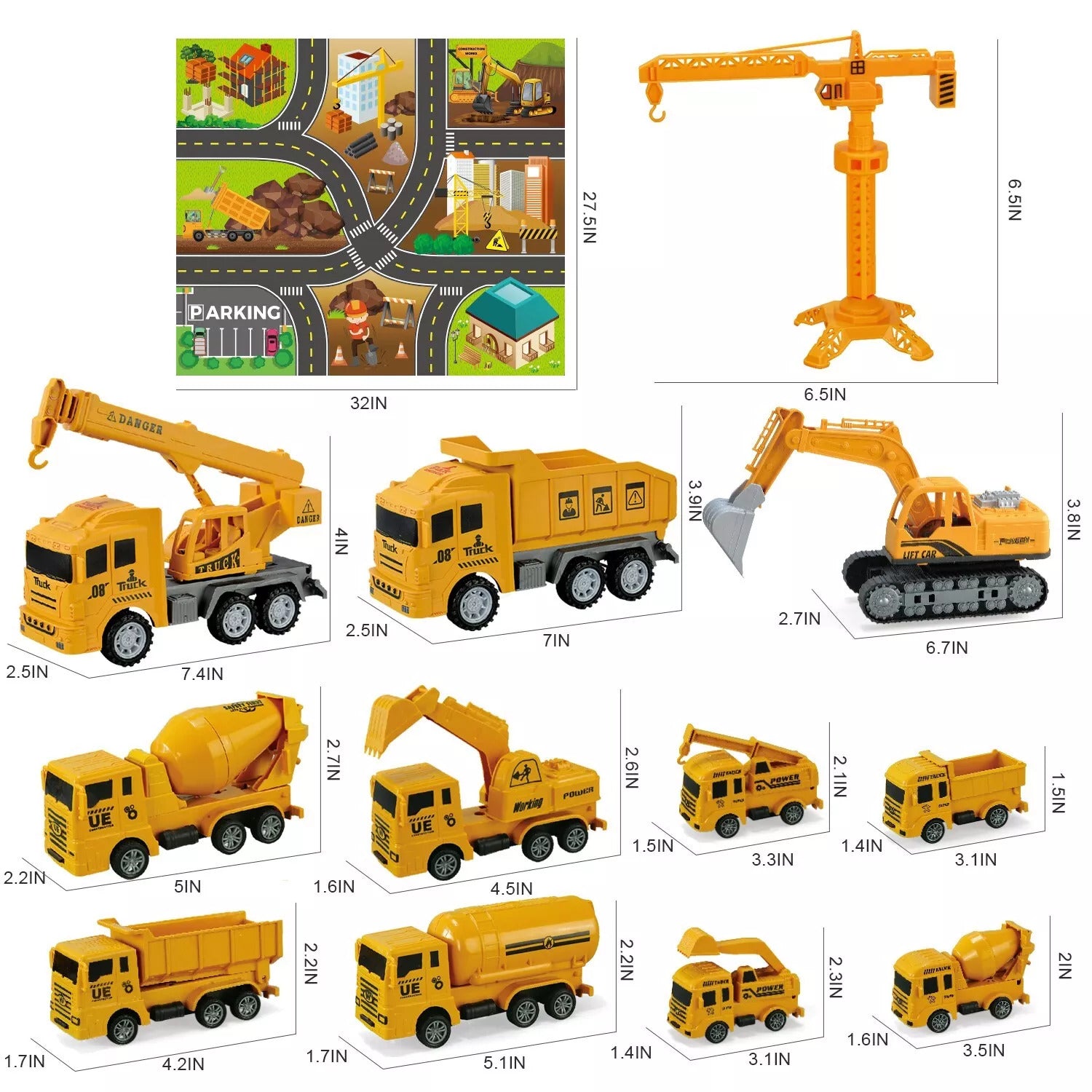 Collection of toy construction vehicles with measurements and a small road map in the corner.