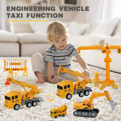 Child playing with toy construction vehicles on a carpeted floor.