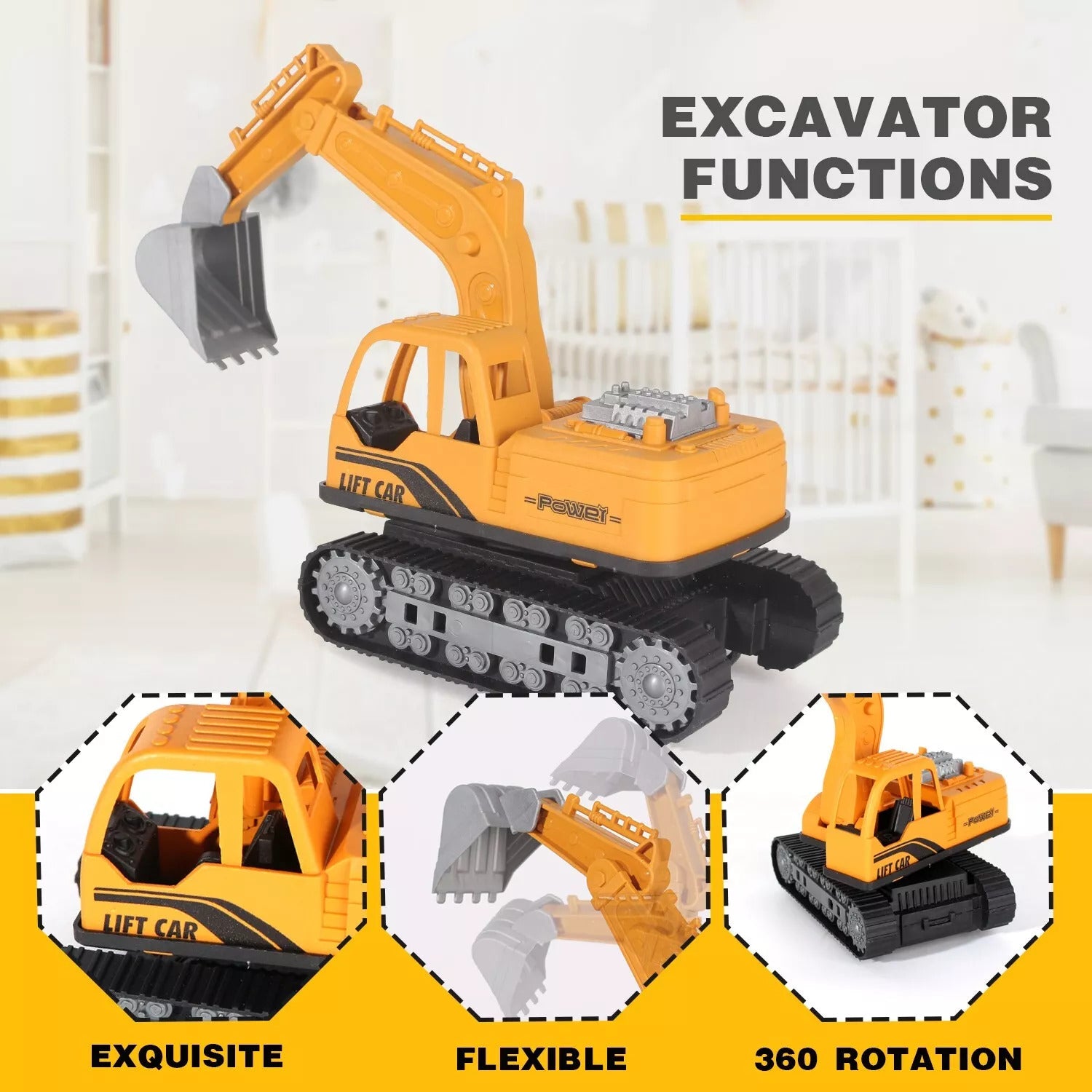 Toy excavator with functions highlighted on a white background