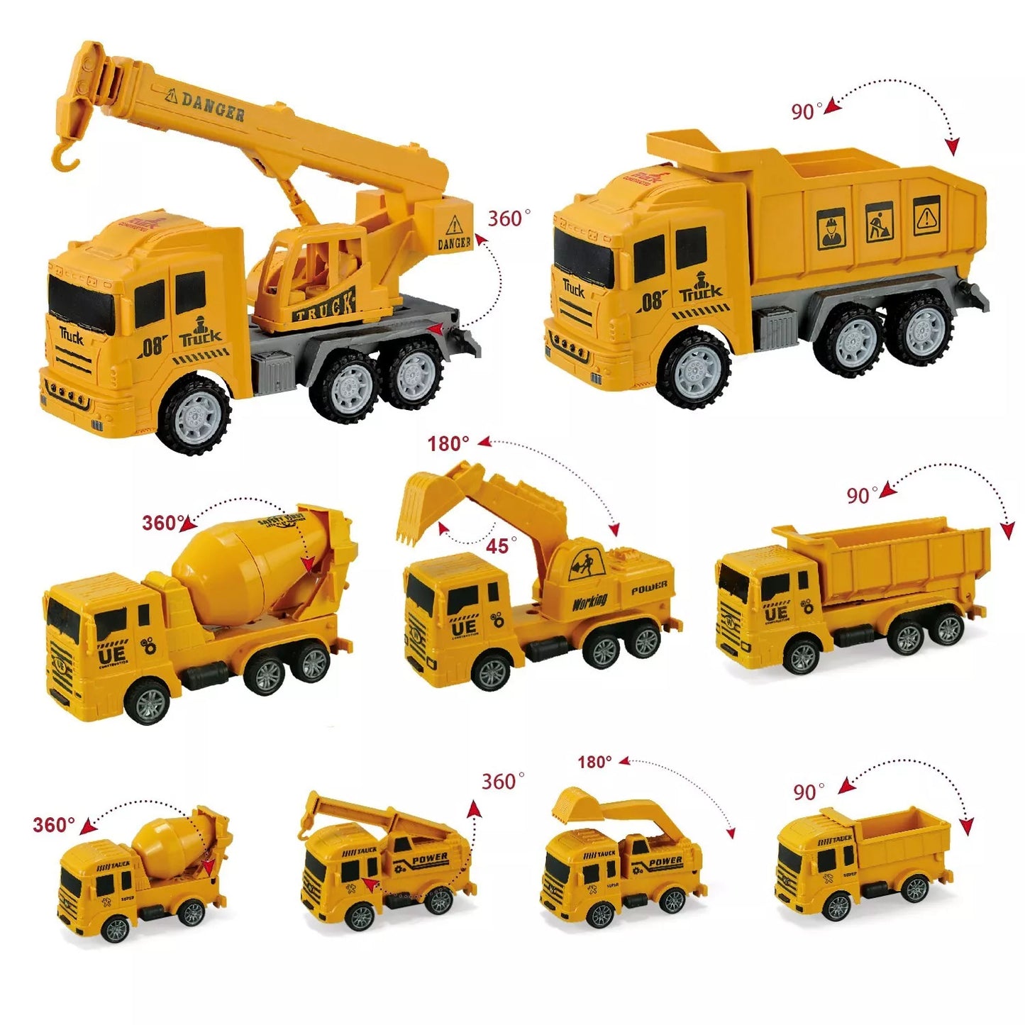 Set of toy construction vehicles including a crane, dump truck, and cement mixer on a white background.