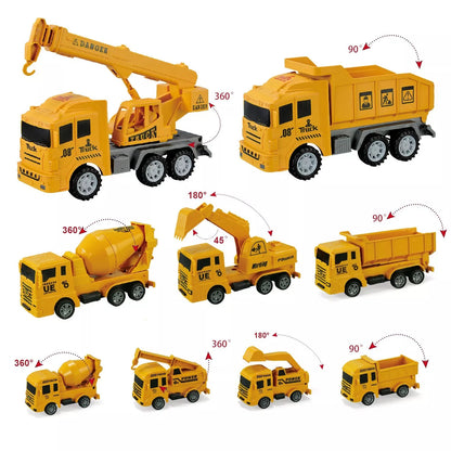 Set of toy construction vehicles including a crane, dump truck, and cement mixer on a white background.