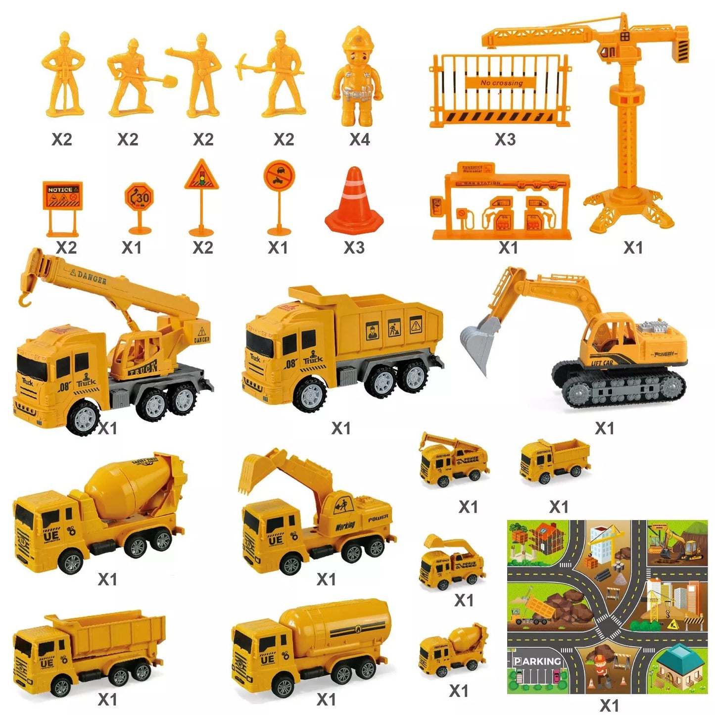 Collection of toy construction vehicles and accessories on a white background
