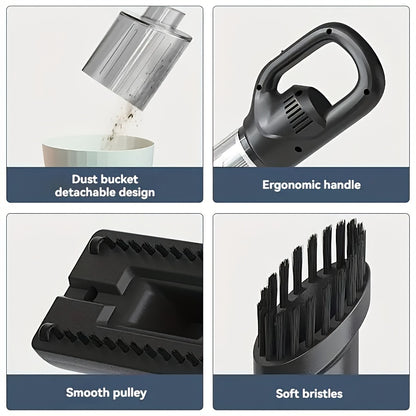Product features including dust bucket, ergonomic handle, smooth pulley, and soft bristles on a white background.