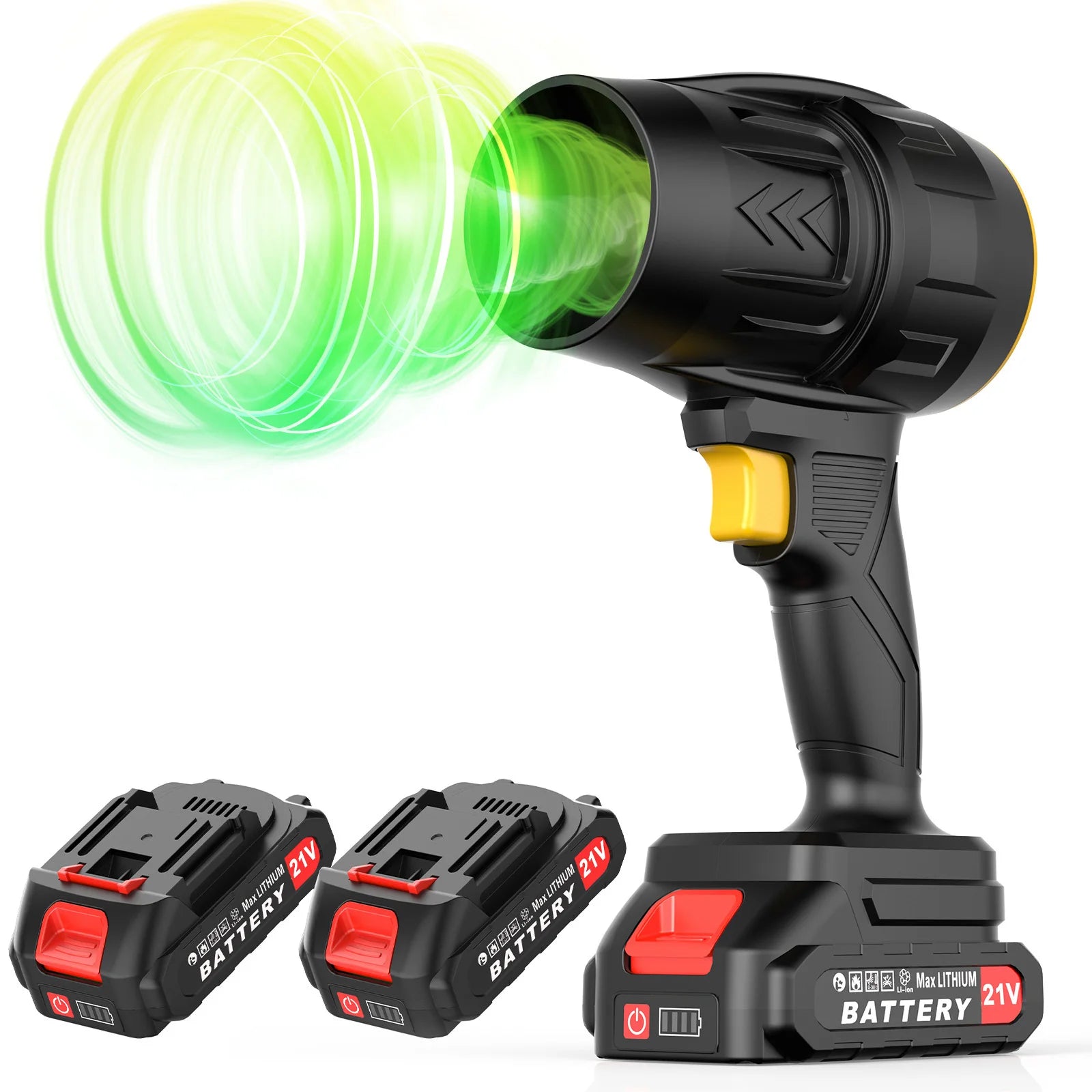 Black cordless drill with green light and two batteries on a white background