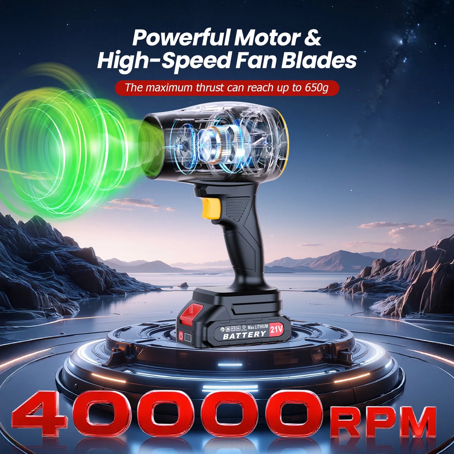 Powerful motor with high-speed fan blades on a scenic background, emphasizing thrust and RPM.