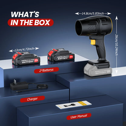 Product packaging with a cordless drill, batteries, charger, and user manual on a blue platform.