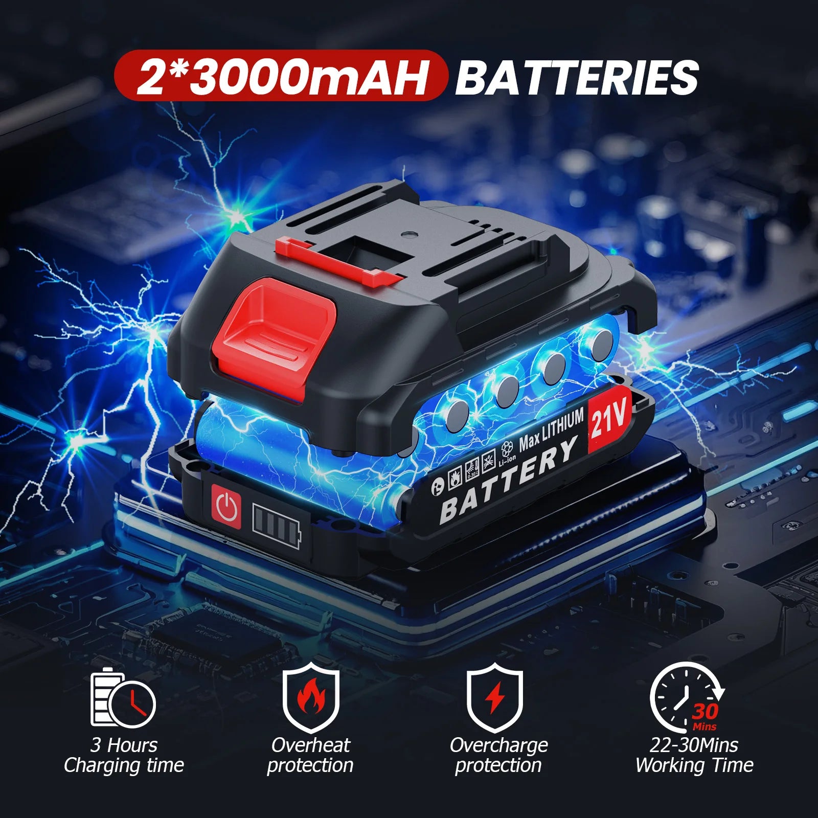 Battery pack with 2x3000mAh capacity on a dark background with electrical effects