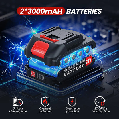 Battery pack with 2x3000mAh capacity on a dark background with electrical effects