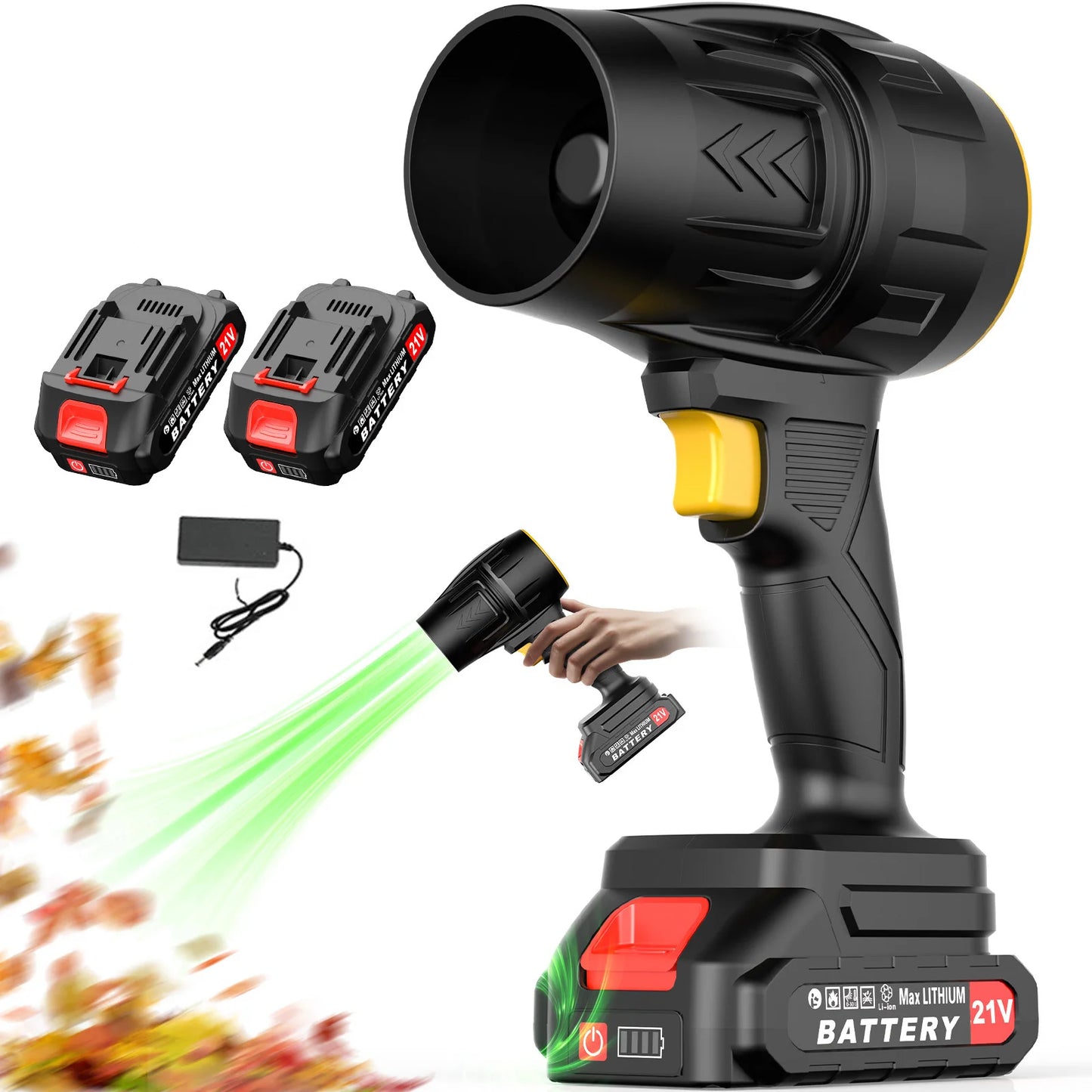 Black handheld device with green laser beam, batteries, and charger on a white background