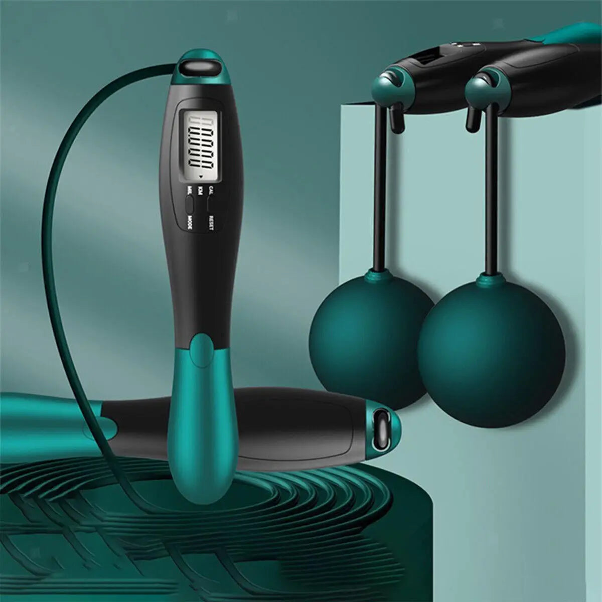 Jump rope with digital display and green handles on a teal background