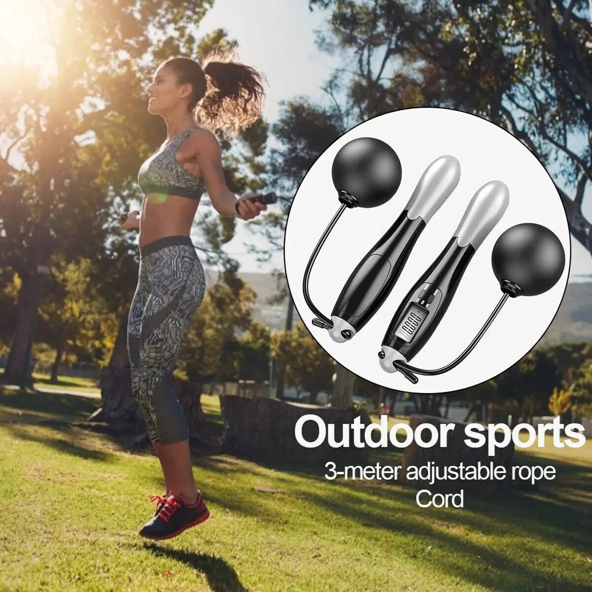 Woman exercising with a 3-meter adjustable rope cord in an outdoor setting