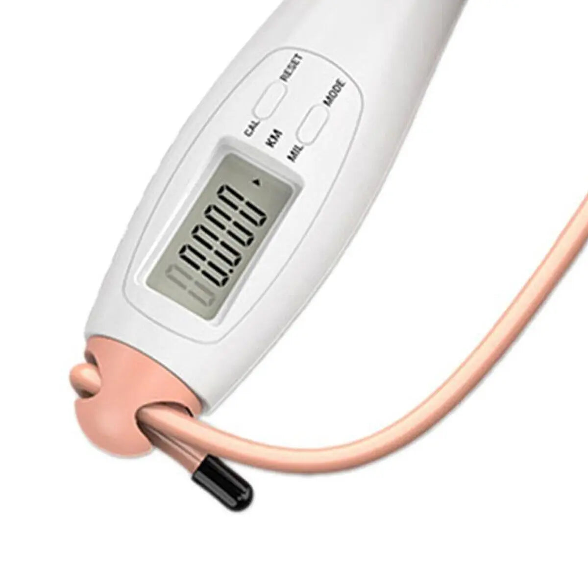 Digital thermometer with a pink probe on a white background