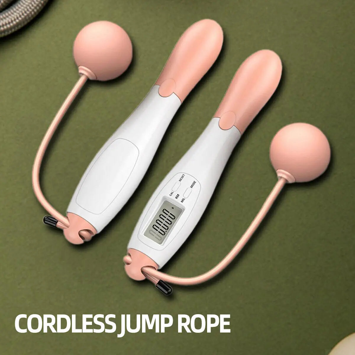 Cordless jump rope with digital display on a green background