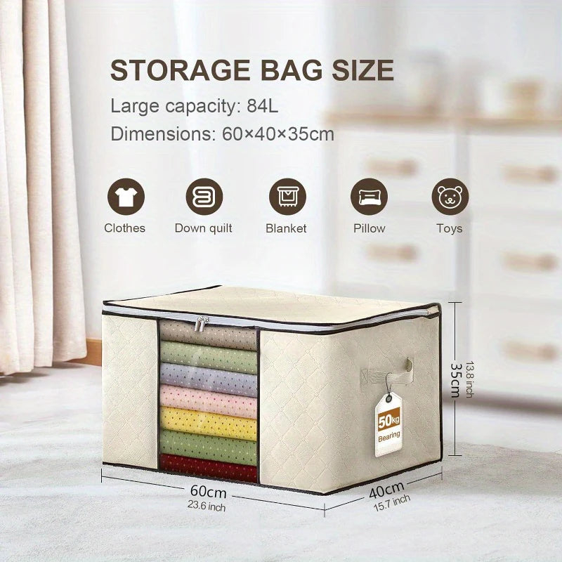 Storage bag with dimensions and capacity details on a blurred background