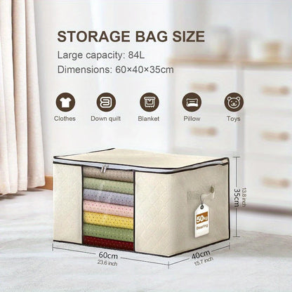 Storage bag with dimensions and capacity details on a blurred background