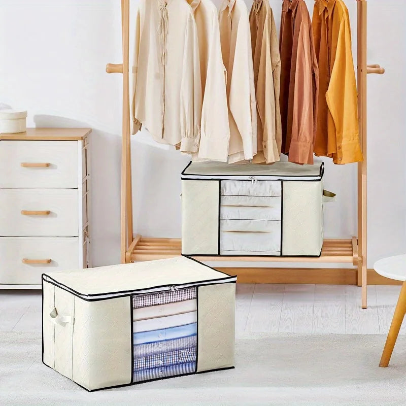 Clothing storage bags on a wooden rack with clothes and a dresser in the background.