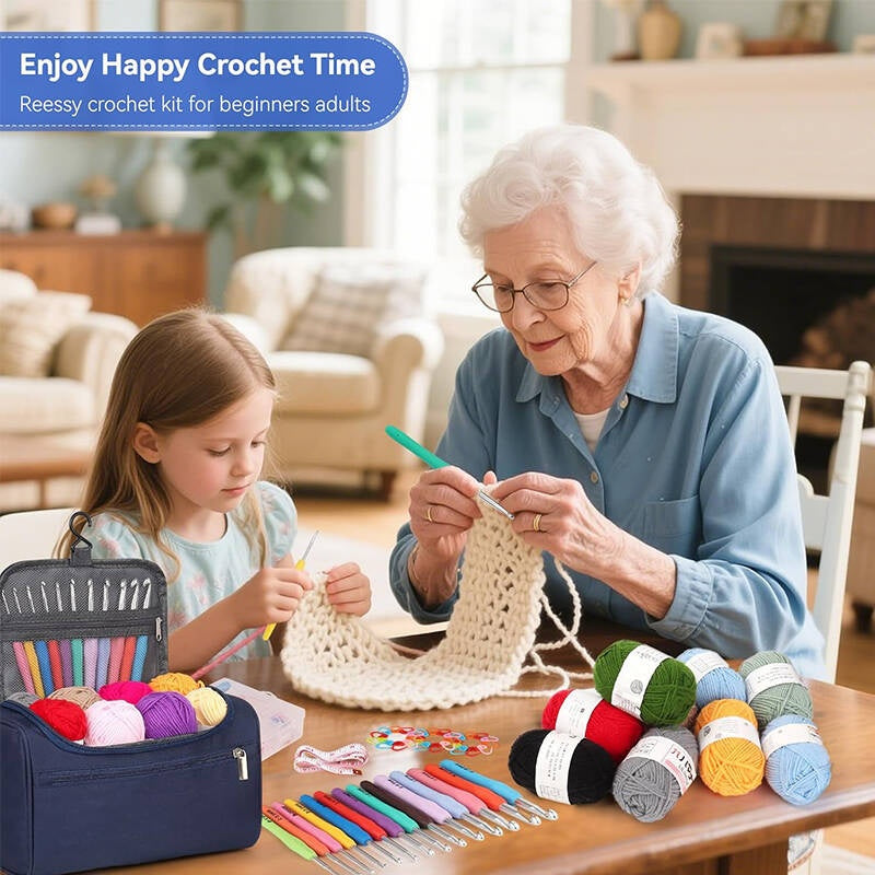 Grandmother and granddaughter engaging in crochet with a Reesy crochet kit.