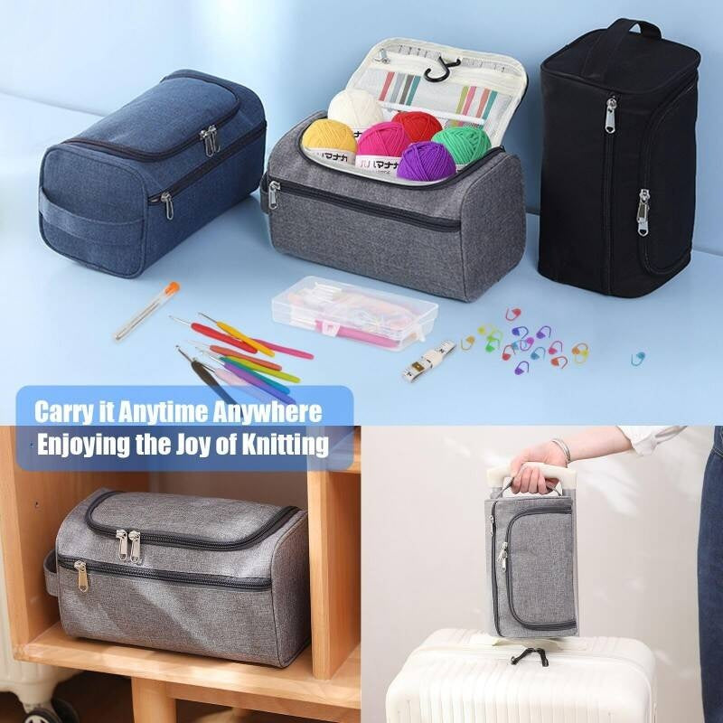 Knitting bags with yarn and tools on a light blue background, with text 'Carry It Anytime Anywhere Enjoying the Joy of Knitting'.