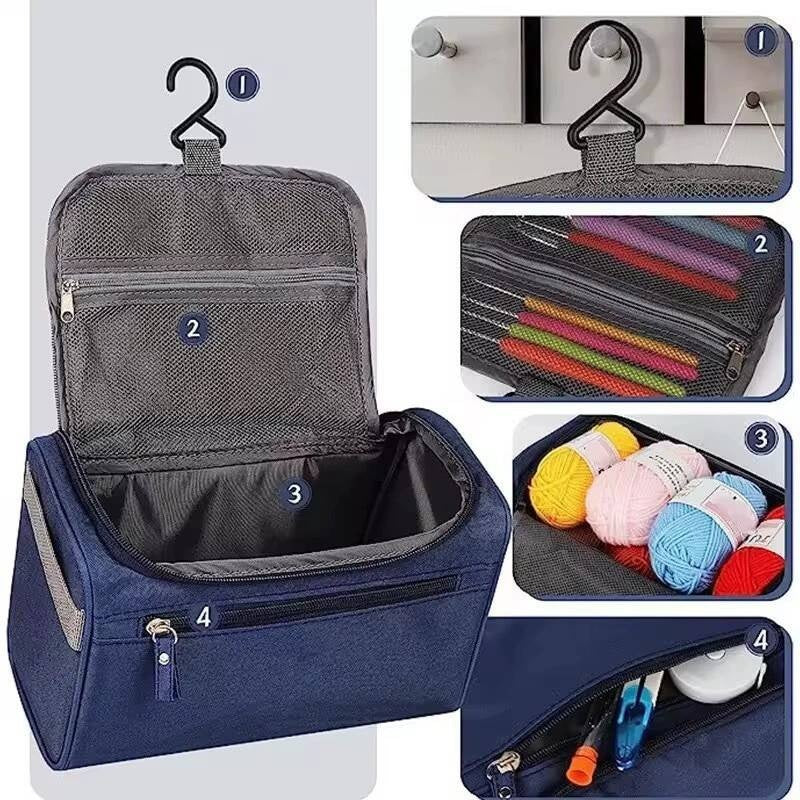 Blue hanging toiletry bag with multiple compartments and items inside, shown on a white background.