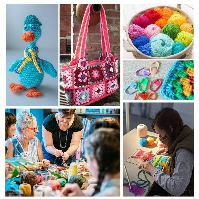 Collage of crochet projects including a bird, bag, yarn, and people working on crafts.