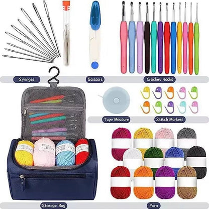 Collection of crochet and knitting tools including hooks, yarn, and accessories on a white background.