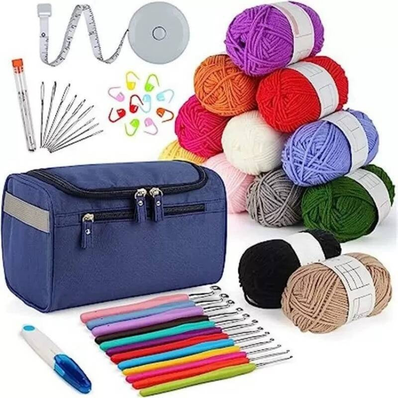 Crochet kit with yarn, hooks, and accessories on a white background