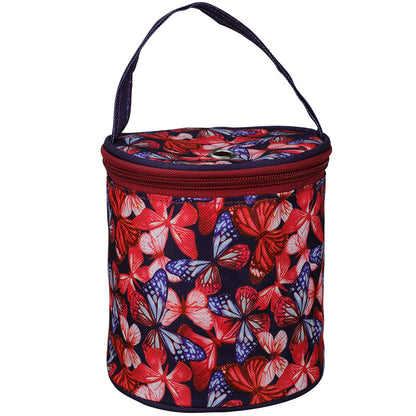 Round insulated food container with butterfly pattern on a white background
