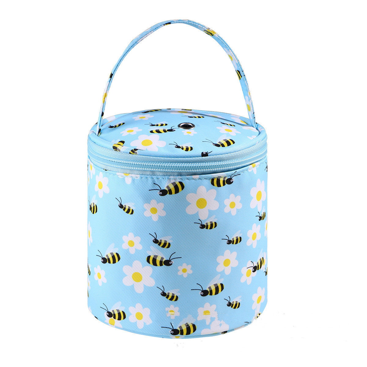 Round insulated lunch bag with bee and flower pattern on a light blue background