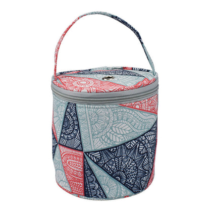 Patterned cooler bag with a handle on a white background