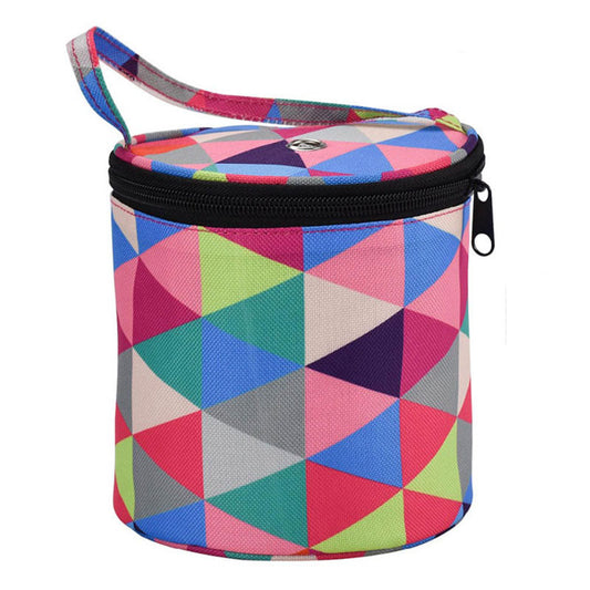 Colorful geometric-patterned cylindrical bag with a zipper on a white background