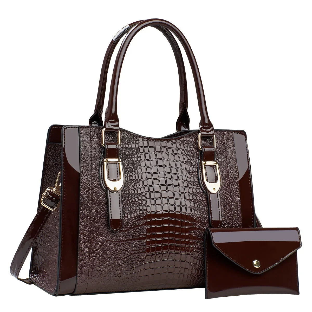 Brown handbag with matching pouch on a white background