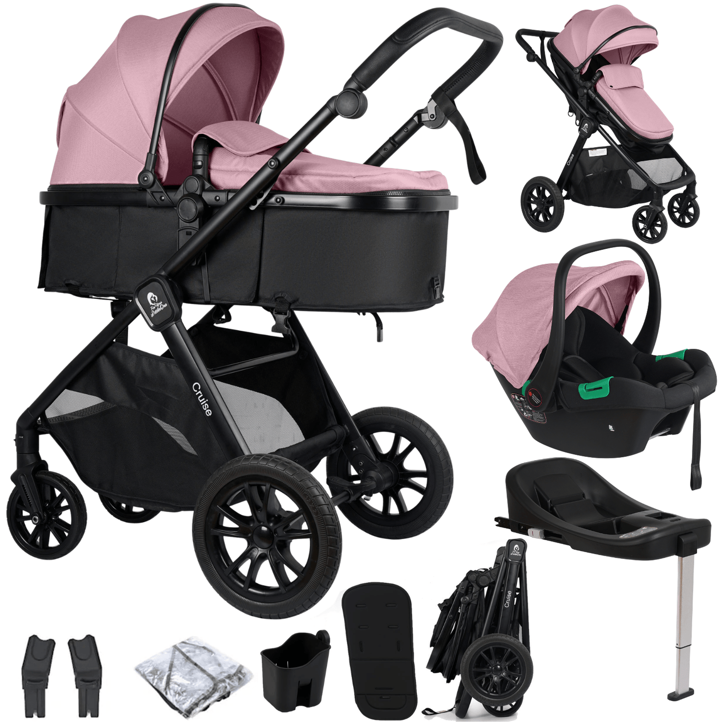 For Your Little One Cruise 3 In 1 Travel System Car Seat ISOFIX Base Blush Rose