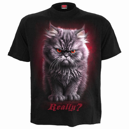 Anger Management Front Print T-Shirt Black Angry Cat Graphic 100% Cotton Tee