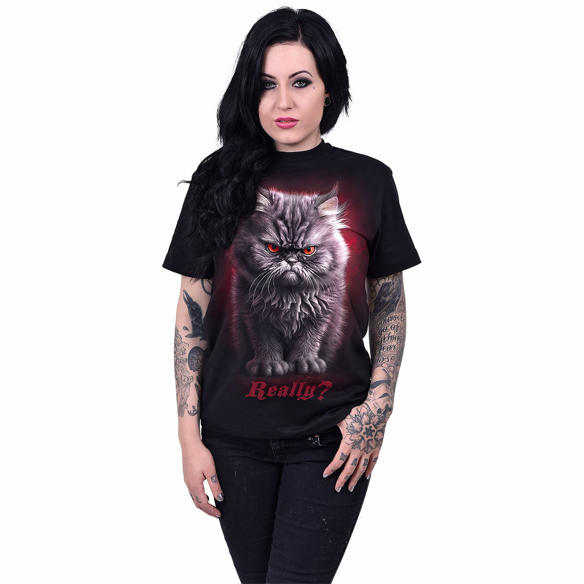 Anger Management Front Print T-Shirt Black Angry Cat Graphic 100% Cotton Tee