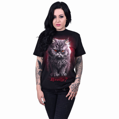 Anger Management Front Print T-Shirt Black Angry Cat Graphic 100% Cotton Tee
